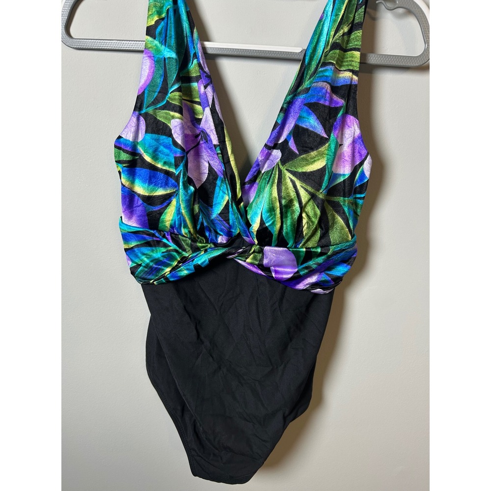 Longitude Tropical Floral V-Neck One Piece Swimsuit Black Purple Green Size 14